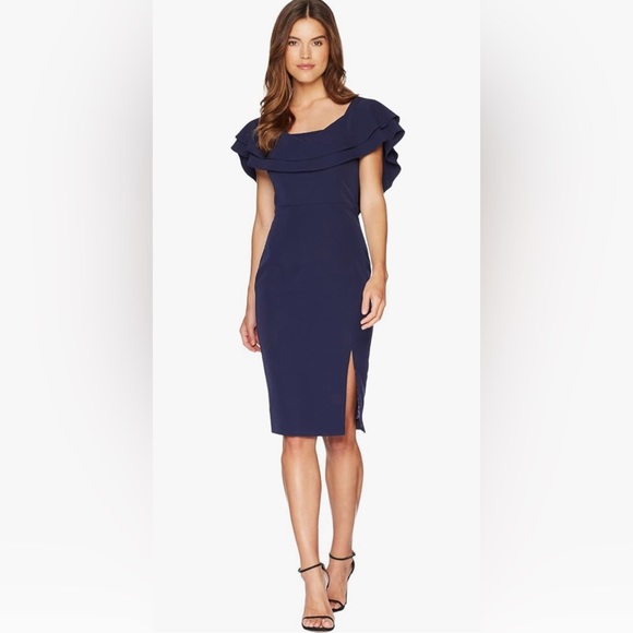 Women Ruffled Off,The,Shoulder Bodycon Dress, Navy size US 10/L - Picture 4 of 9